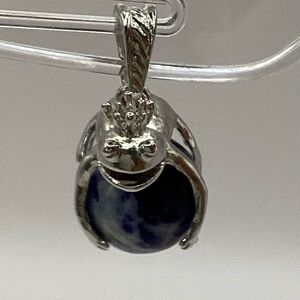 Silver Toned Frog Prince Holding Blue Fidget Stone Ball Pendant